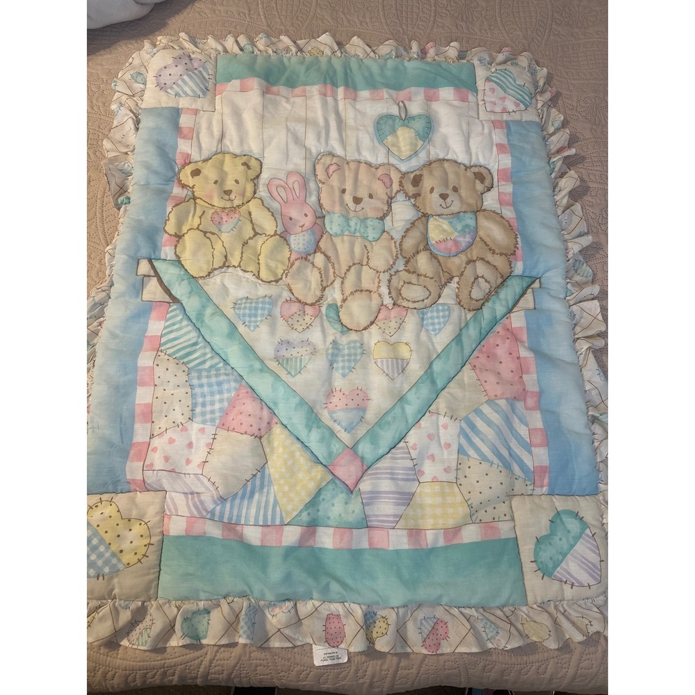 Vintage Teddy Bear Bunny Baby Comforter Pastel Patchwork Ruffle Quilt 33x42